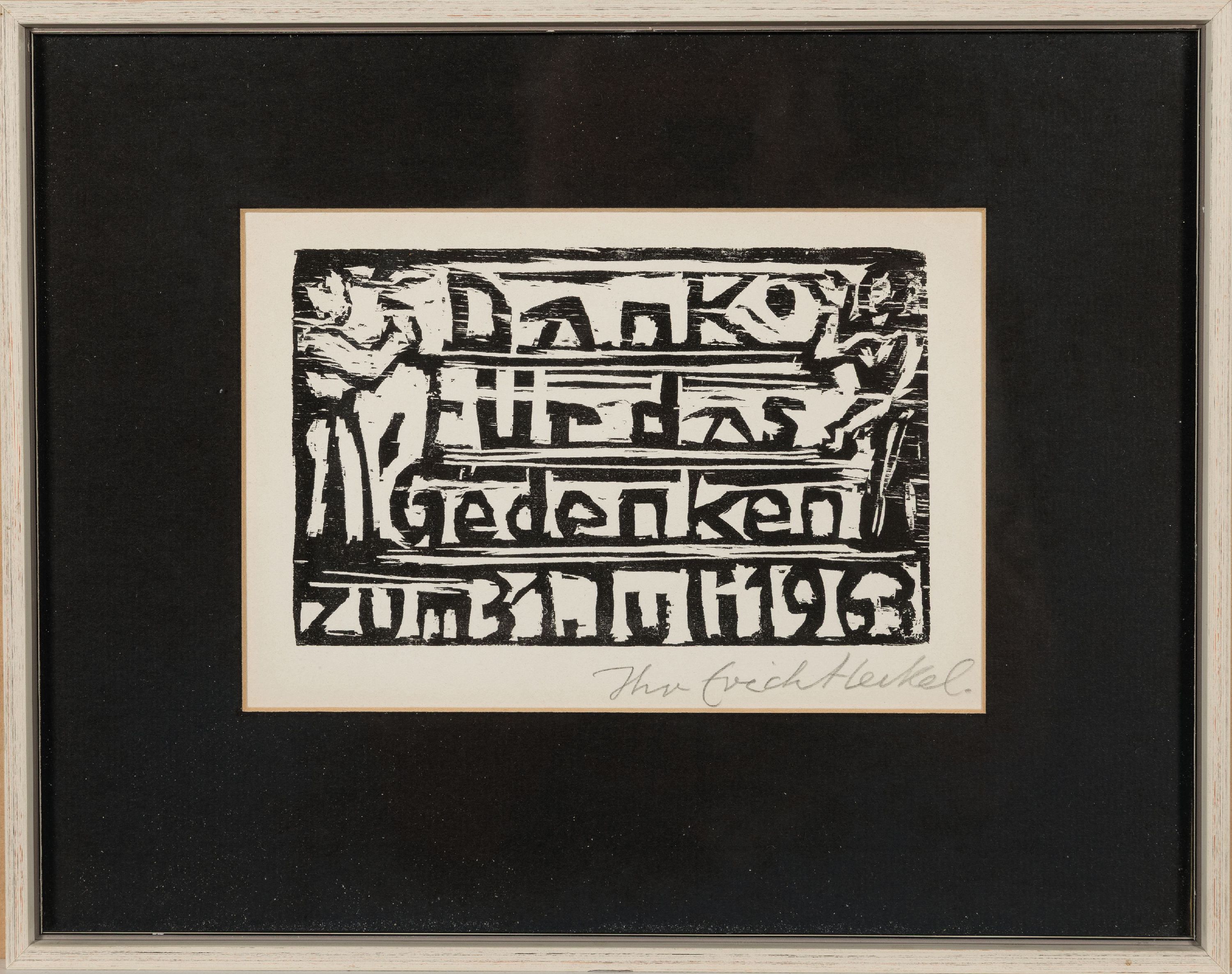 Detail k: Erich Heckel, 1883-1970, Danke für das Gedenken zum 31.Juli 1963, Holzschnitt, handsigniert, ca. 10x16cm, PP, u.Gl., R. ca. 24x31cm