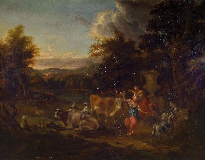 Image 26951646 - Unbekannter Künstler, 18. Jh., Landschaft mit rastenden Tieren und allegorischer ...