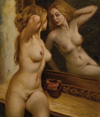 Image 26951675 - Helmut Breuninger, 1921-1998, sitzender Akt vor dem Spiegel, Öl/Lwd, rechts unten ...