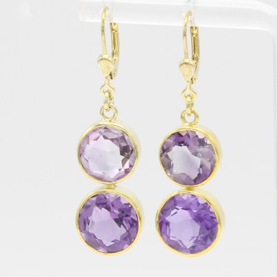 Image Paar Ohrgehänge mit Amethysten, GG 585/000, 4 runde, fac. Amethyste in schmaler ...