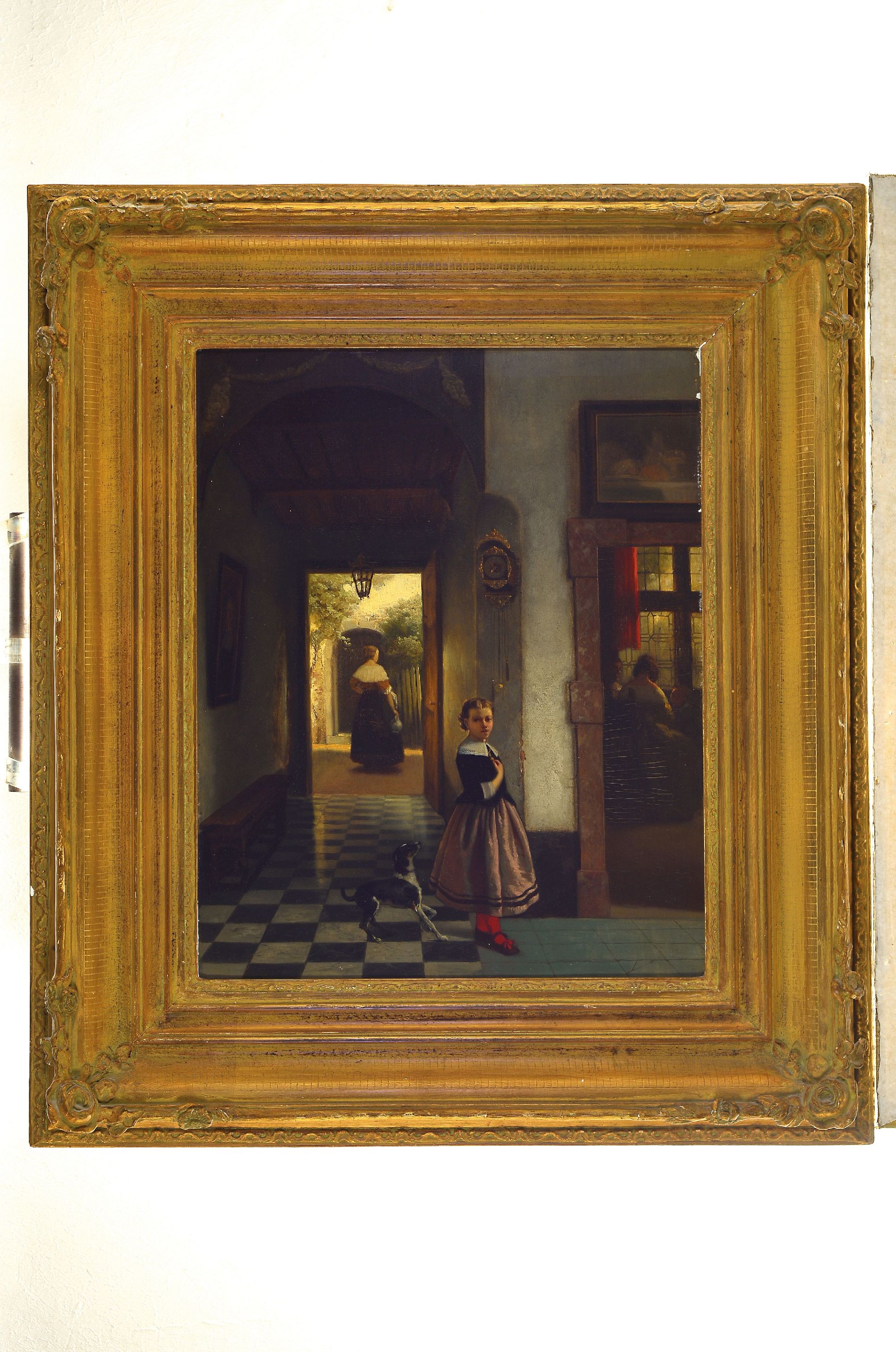 Detail k: Willem Linnig, 1819 Antwerpen-1885, belg. Künstler, Interieur, Mädchen mit Hund, Blick durch die Tür in den Garten und in ein anderes Zimmer mit ...