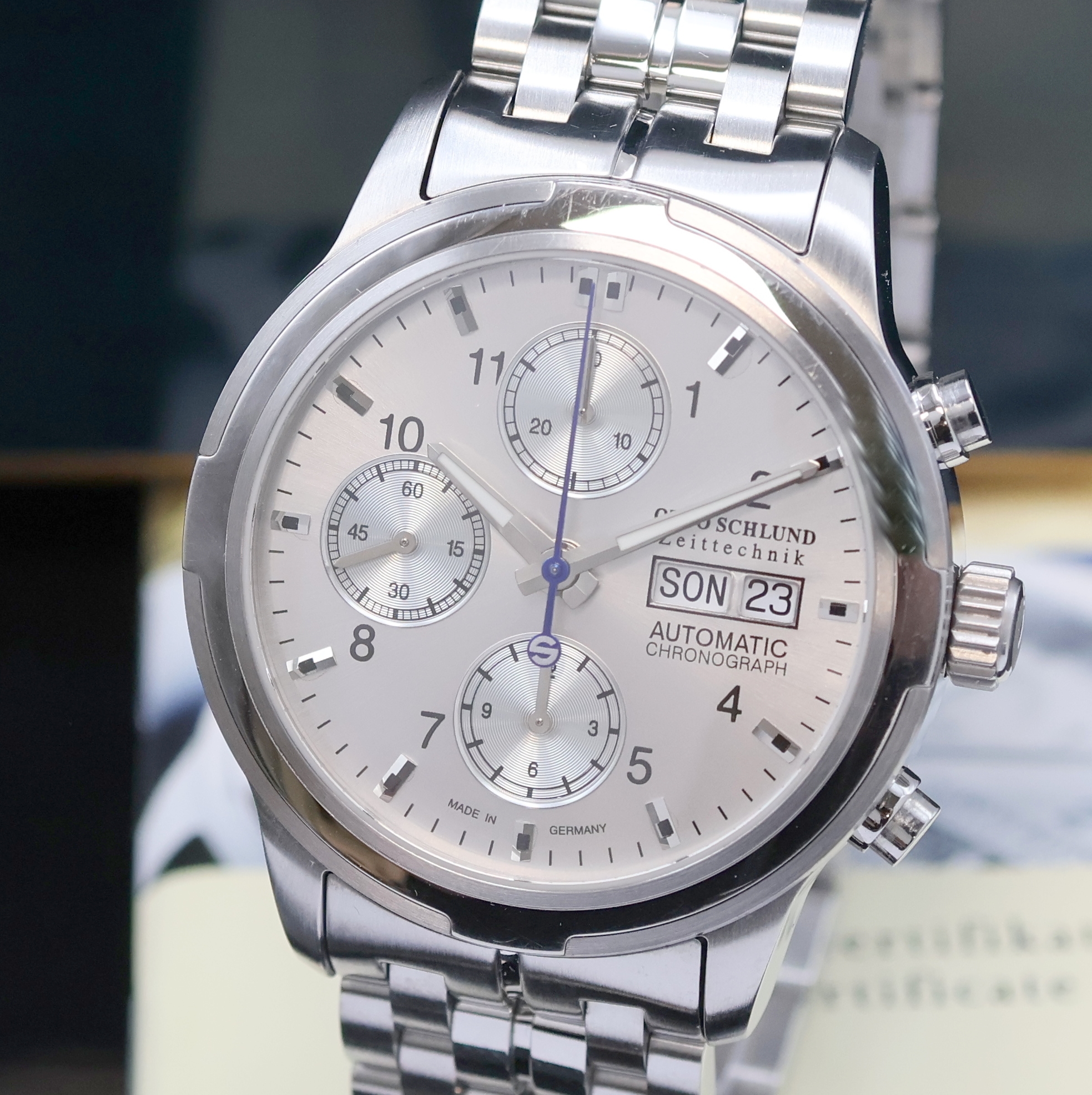 Detail a: OTTO SCHLUND Travita Armbandchronograph in Stahl, Deutschland verk. lt. beil. Pap. 12/2019, Automatik, beids. vergl. Geh. inkl. orig. Gliederband m. ...