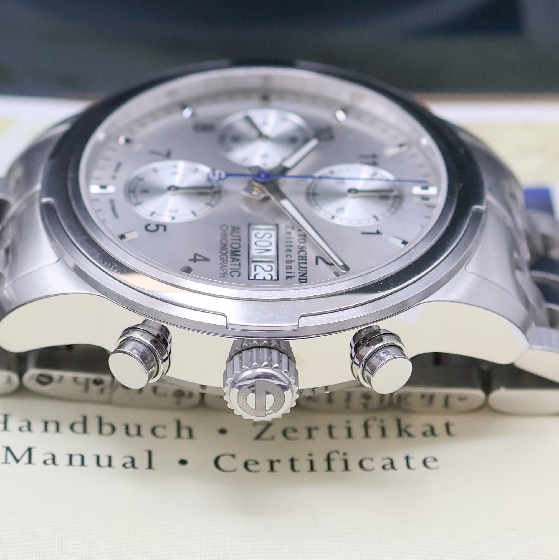 Detail c: OTTO SCHLUND Travita Armbandchronograph in Stahl, Deutschland verk. lt. beil. Pap. 12/2019, Automatik, beids. vergl. Geh. inkl. orig. Gliederband m. ...