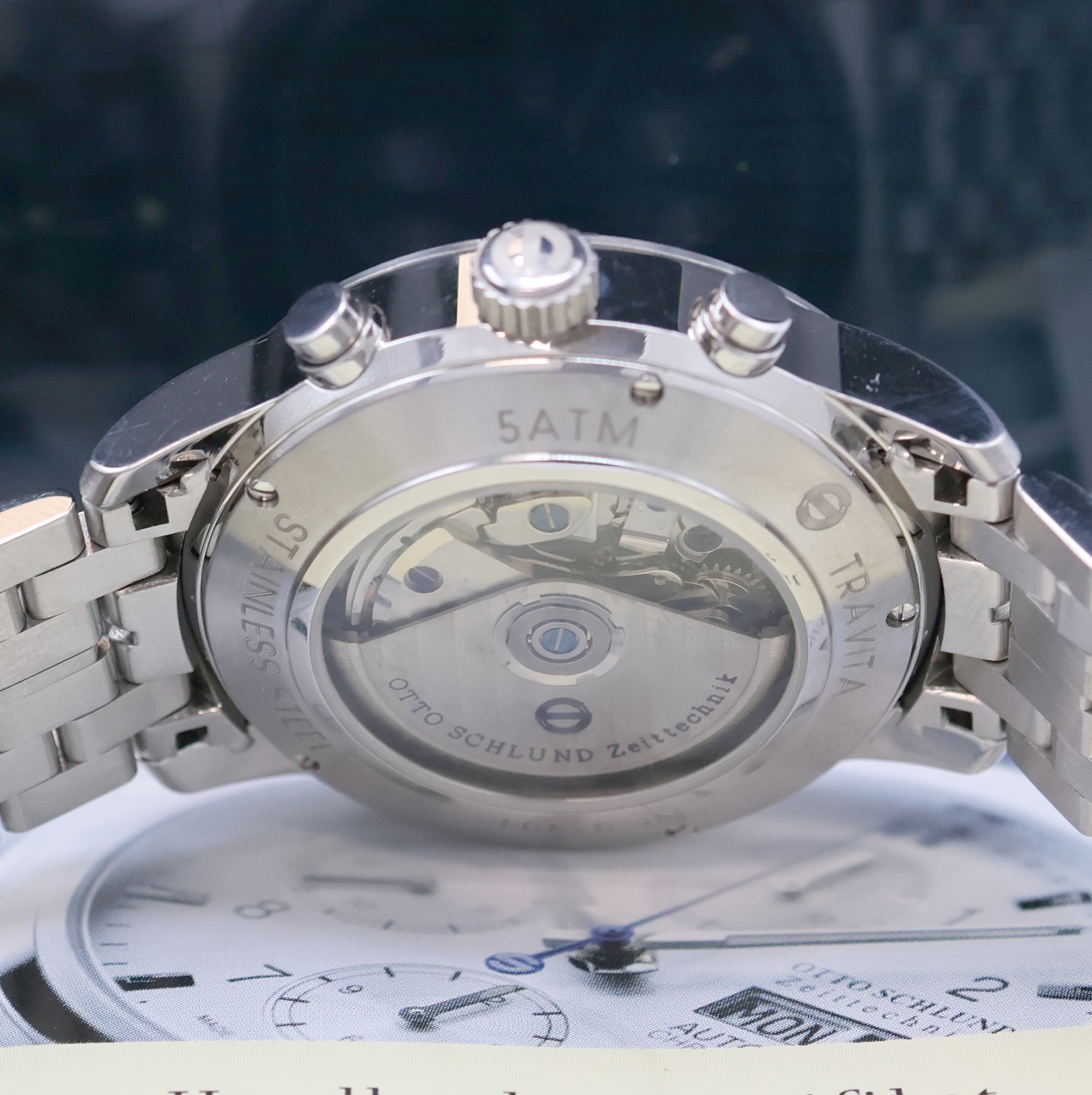 Detail d: OTTO SCHLUND Travita Armbandchronograph in Stahl, Deutschland verk. lt. beil. Pap. 12/2019, Automatik, beids. vergl. Geh. inkl. orig. Gliederband m. ...
