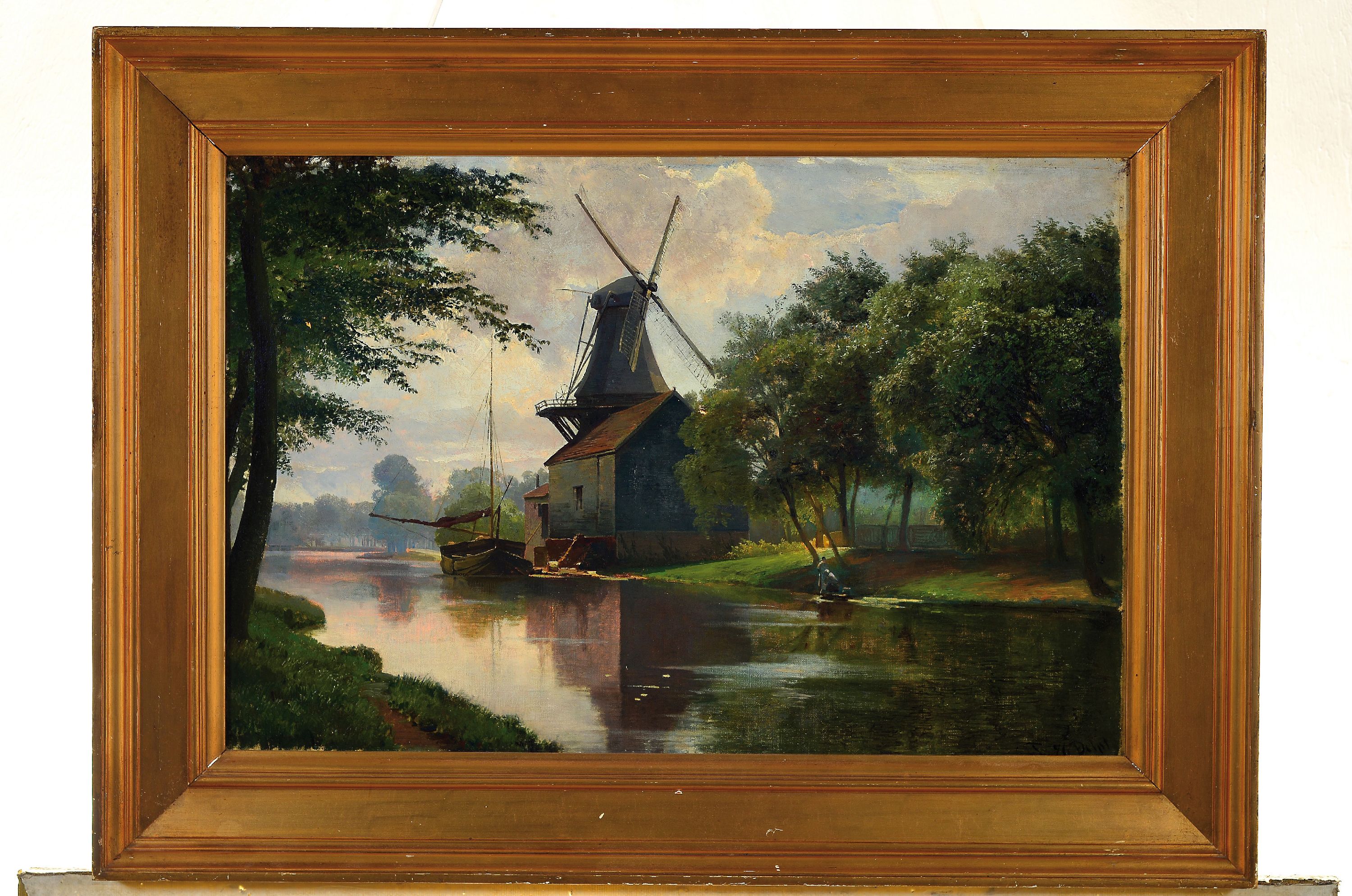 Detail k: Daniel Clement Petersen, dat. 1896, sommerliche Flußlandschaft mit Mühle, Öl/Lwd, re. unten monogrammiert 96 D., Cl.Pt, rückseitig bezeichnet, ...