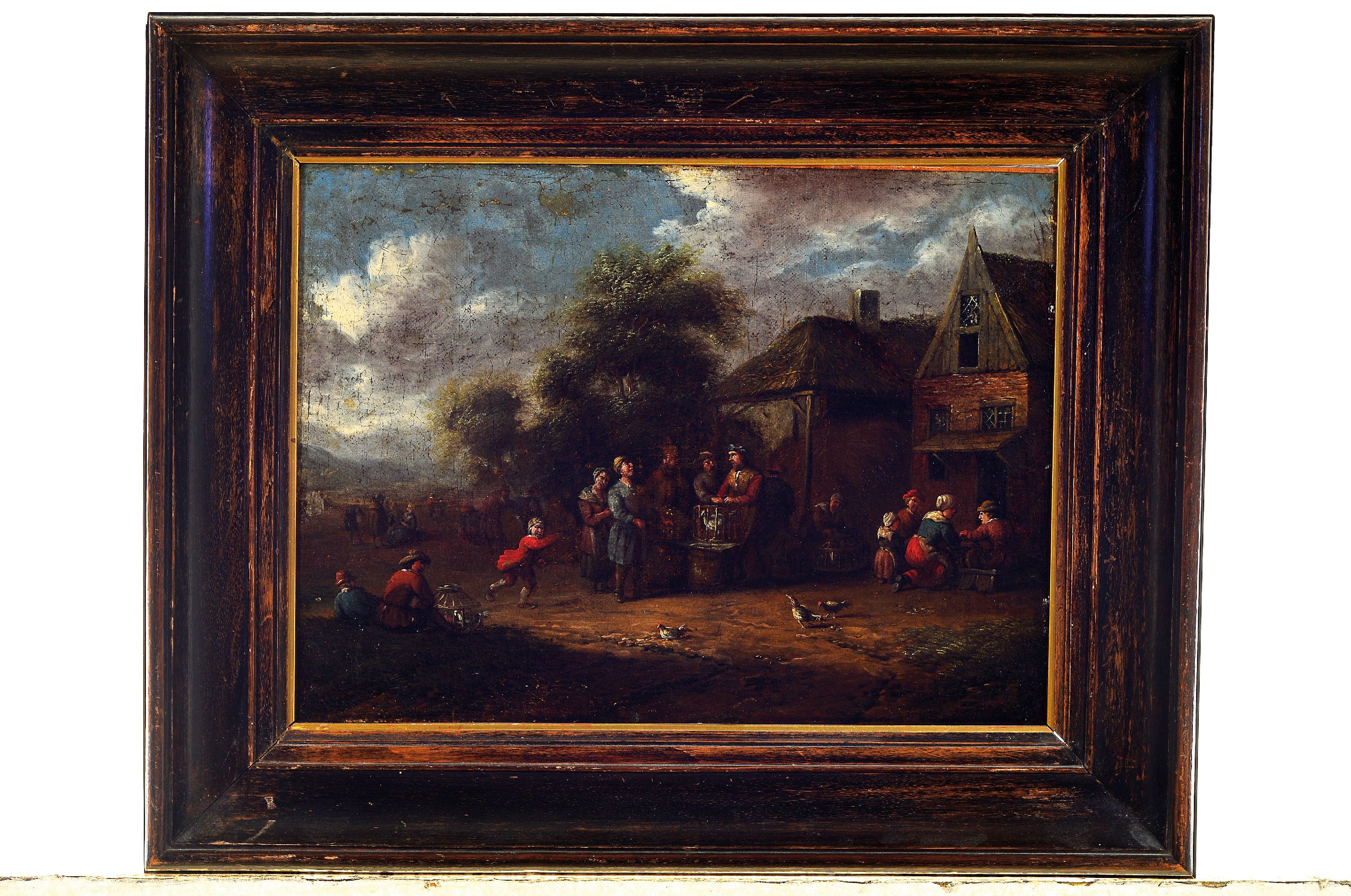 Detail k: Zuschreibung: Barent Gaal, um 1620 - 1687, Genredarstellung, Vogelmarkt mit Figurenstaffage, Öl/Lwd, doubliert, ältere Restaurierung, krakeliert, ...