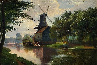 Image 26951718 - Daniel Clement Petersen, dat. 1896, sommerliche Flußlandschaft mit Mühle, ...