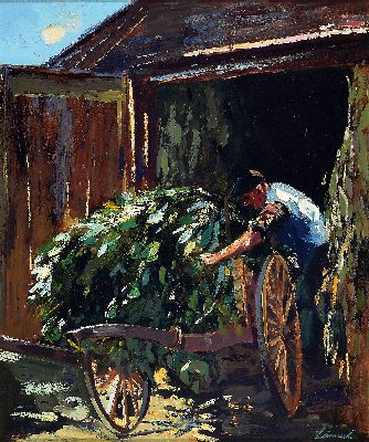 Image 26951762 - Wolfgang Lämmle 1941 - 2019 Stuttgart, Tabakernte, Öl/Holzpappe, signiert, re. ...