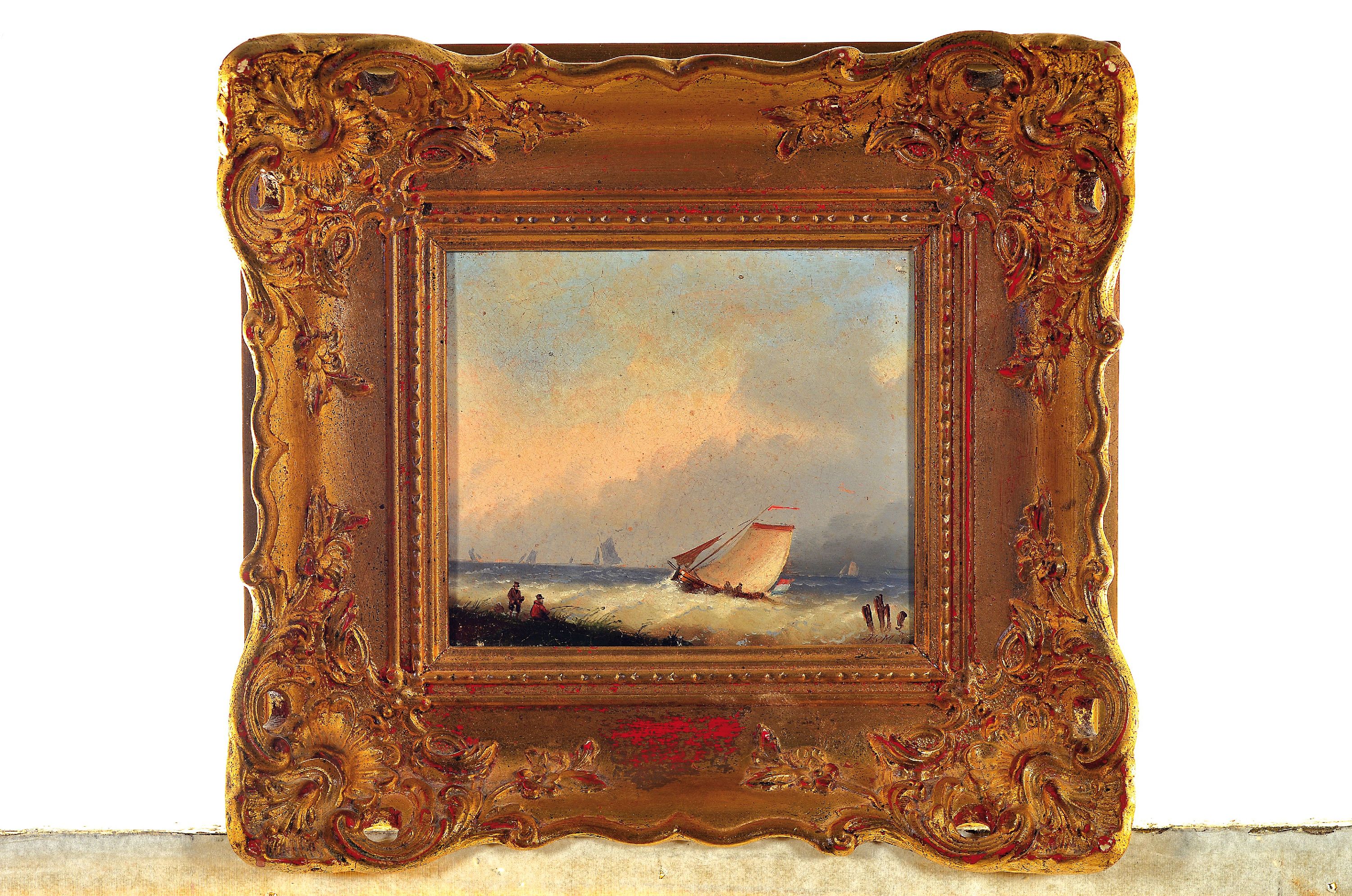 Detail k: Monogrammist, wohl Niederlande, Anfang 19. Jh., Blick auf die stürmische See mit monogr. HvM, Segelbooten und Ufer, Öl/ Eichenplatte, 15 x 18 cm, ...