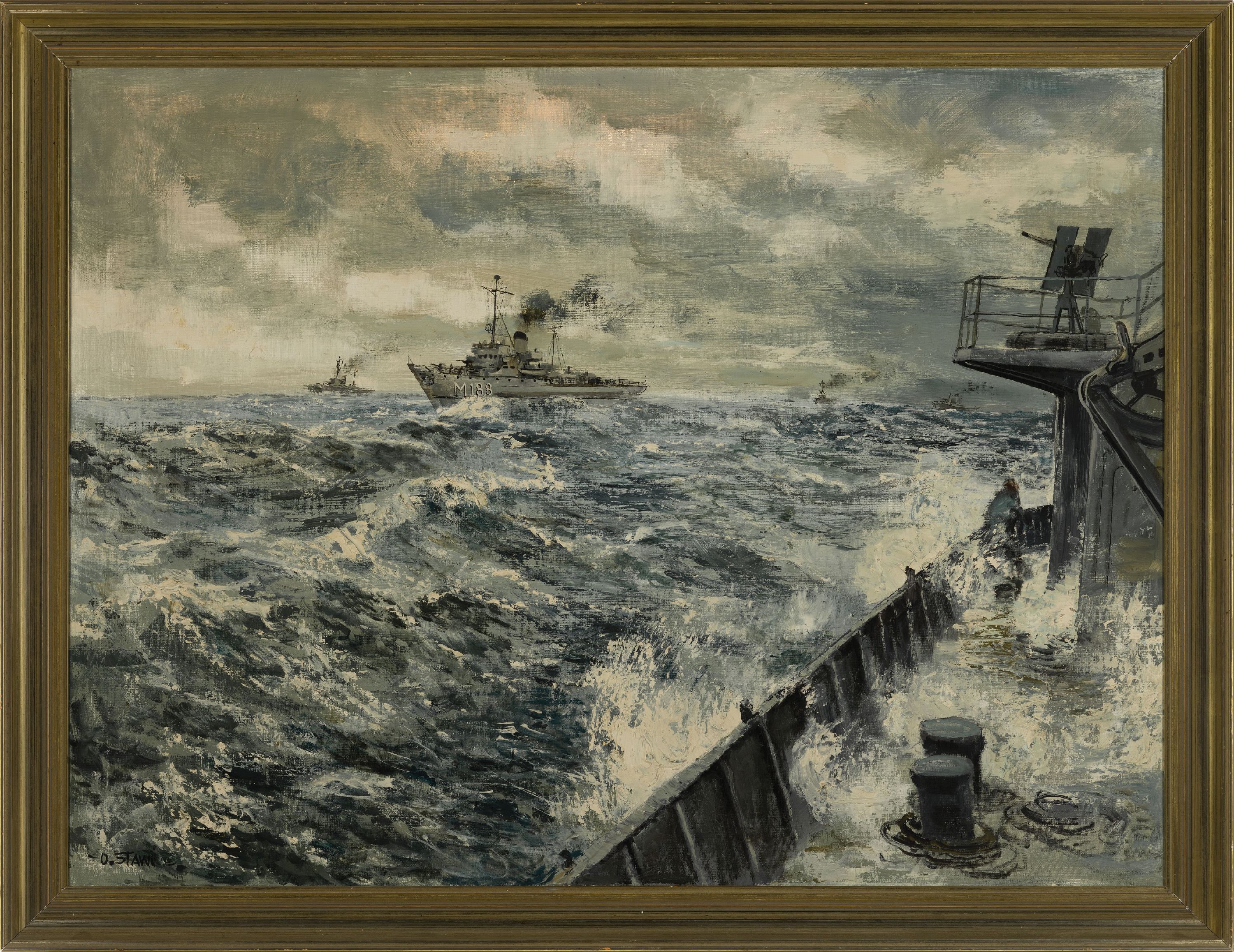 Detail k: Ottmar Stawinoga, genannt Stawi, 1924 Beuthen-1980 Karlsruhe, Das Minensuchboot M 188 und andere Schiffe auf bewegter See, Öl/Lwd, links unten ...