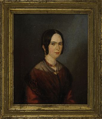 26952262k - Unbekannter Maler des Biedermeier, um 1830, Porträt einer Frau mit rotem Kleid, ...