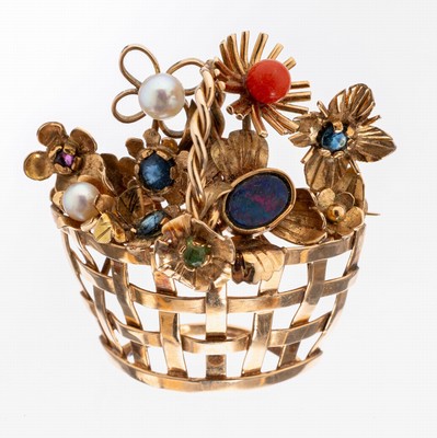 Image 26952266 - 14 kt Gold Farbstein-Brosche, GG 585/000, Darstellung eines Blumenkorbs, kl. Saphir, ...