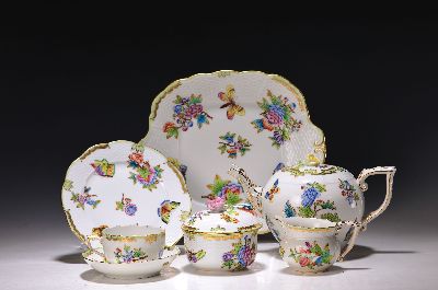 26952520a - Teeservice für 6 Personen, Herend Ungarn, Dekor Viktoria, Kanne, Zuckerdose, ...