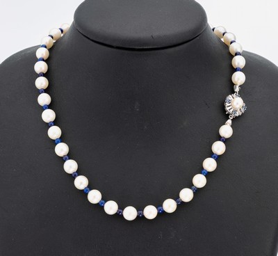 Image Zuchtperl-Lapislazuli-Collier mit 14 kt Gold Schließe, WG 585/000, im Wechsel ...