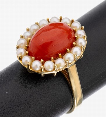 Image 14 kt Gold Korallen-Perl-Ring, GG 585/000, mittig ovaler Korallen-Cabochon, umgeben von ...