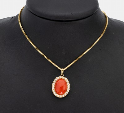 Image 14 kt Gold Koralle-Perl-Anhänger, GG 585/000, mittig ovaler Korallen-Cabochon, ...