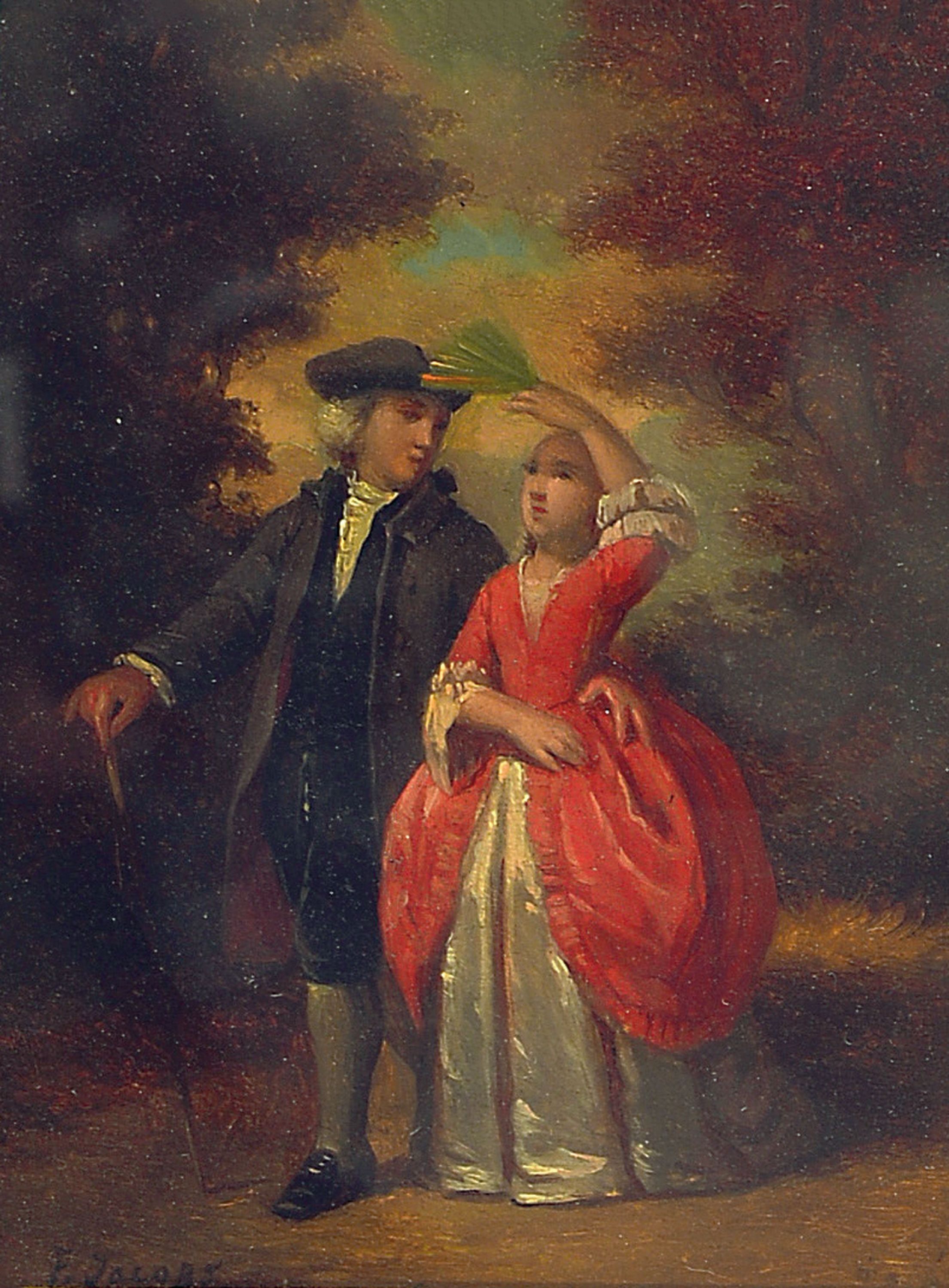 Detail a: Francois Jacobs, 1832-1887, belgisch, 2 Pendants: junge Frau über eine Gartenskulptur spähend & flanierendes Pärchen in Gartenlandschaft, je ...