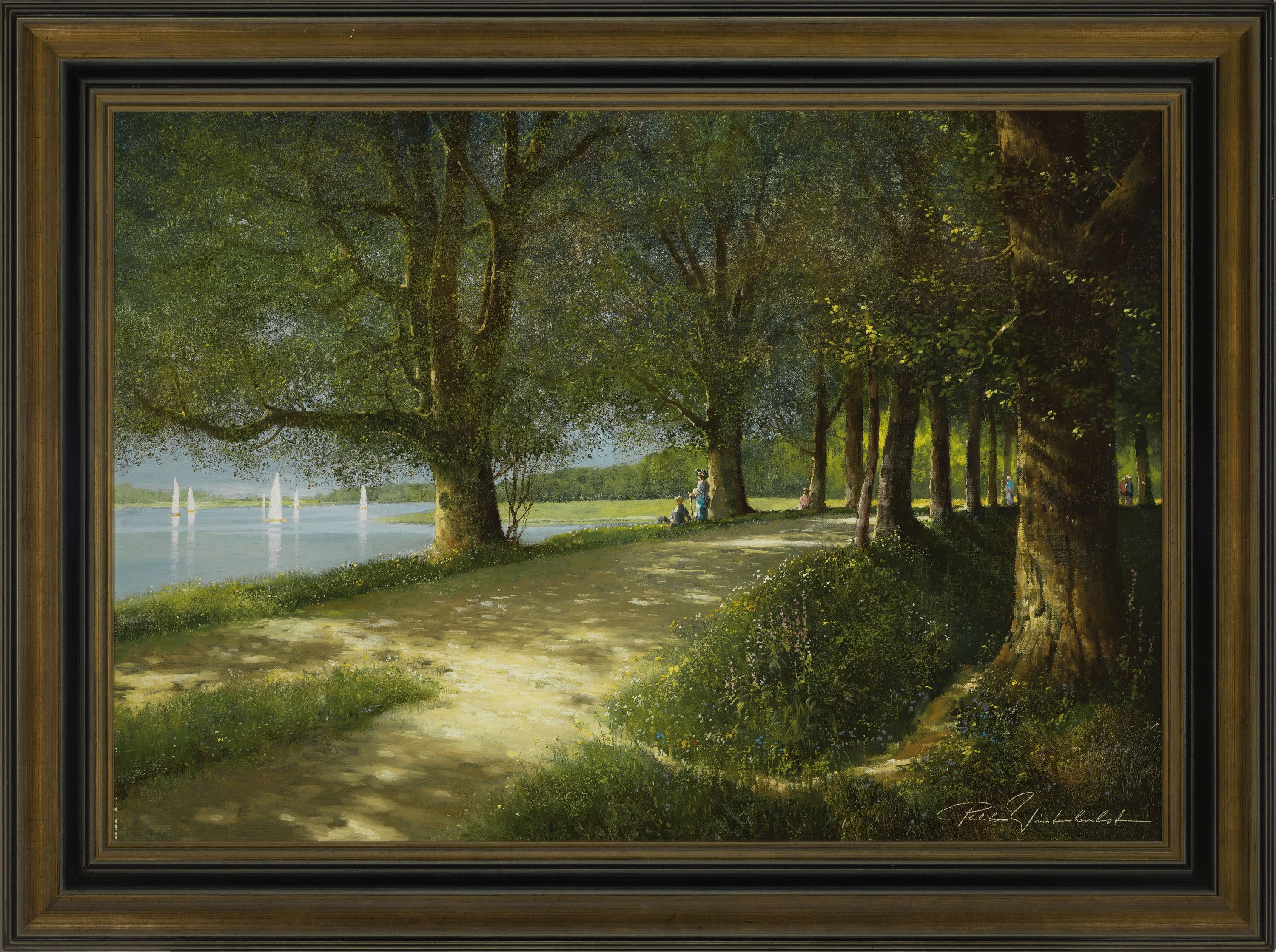 Detail k: Pablo E. Winterherbst, geb. 1939, "Uferpromenade", so rückseitig auf Ausst.- Etikett betitelt, Paar beobachtet vom Seeufer aus die ...