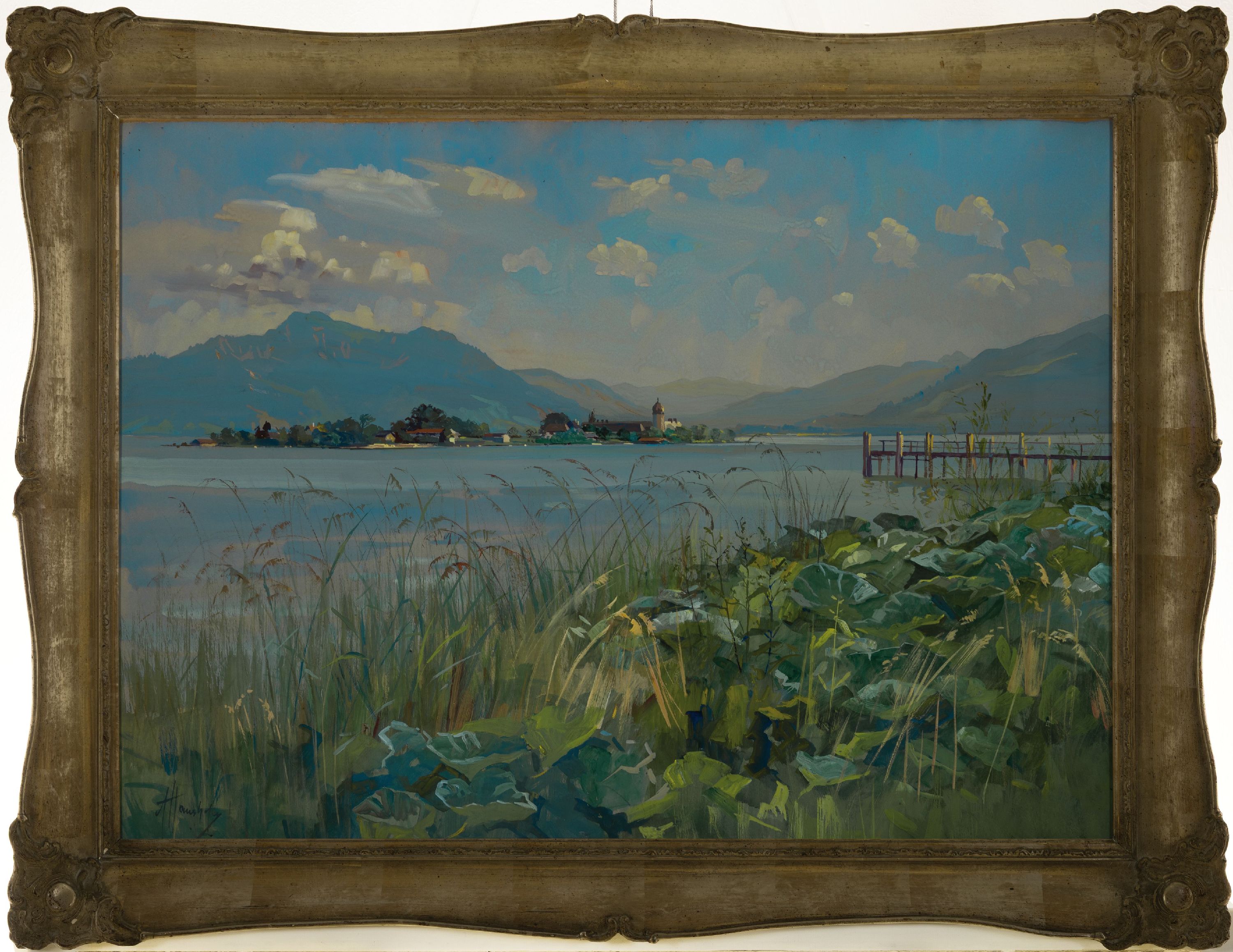 Detail k: Alfred Haushofer, 1872 München-1943 Seebruck , Gouache, Chiemseelandschaft, Blick auf die Fraueninsel, links unten signiert, unter Glas gerahmt ...