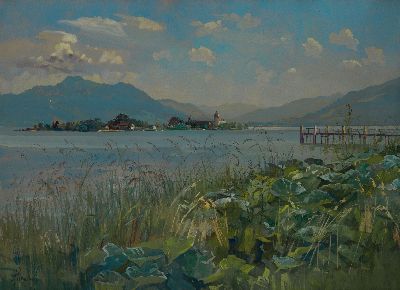 Image 26952862 - Alfred Haushofer, 1872 München-1943 Seebruck , Gouache, Chiemseelandschaft, Blick ...