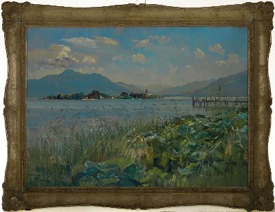 26952862k - Alfred Haushofer, 1872 München-1943 Seebruck , Gouache, Chiemseelandschaft, Blick ...