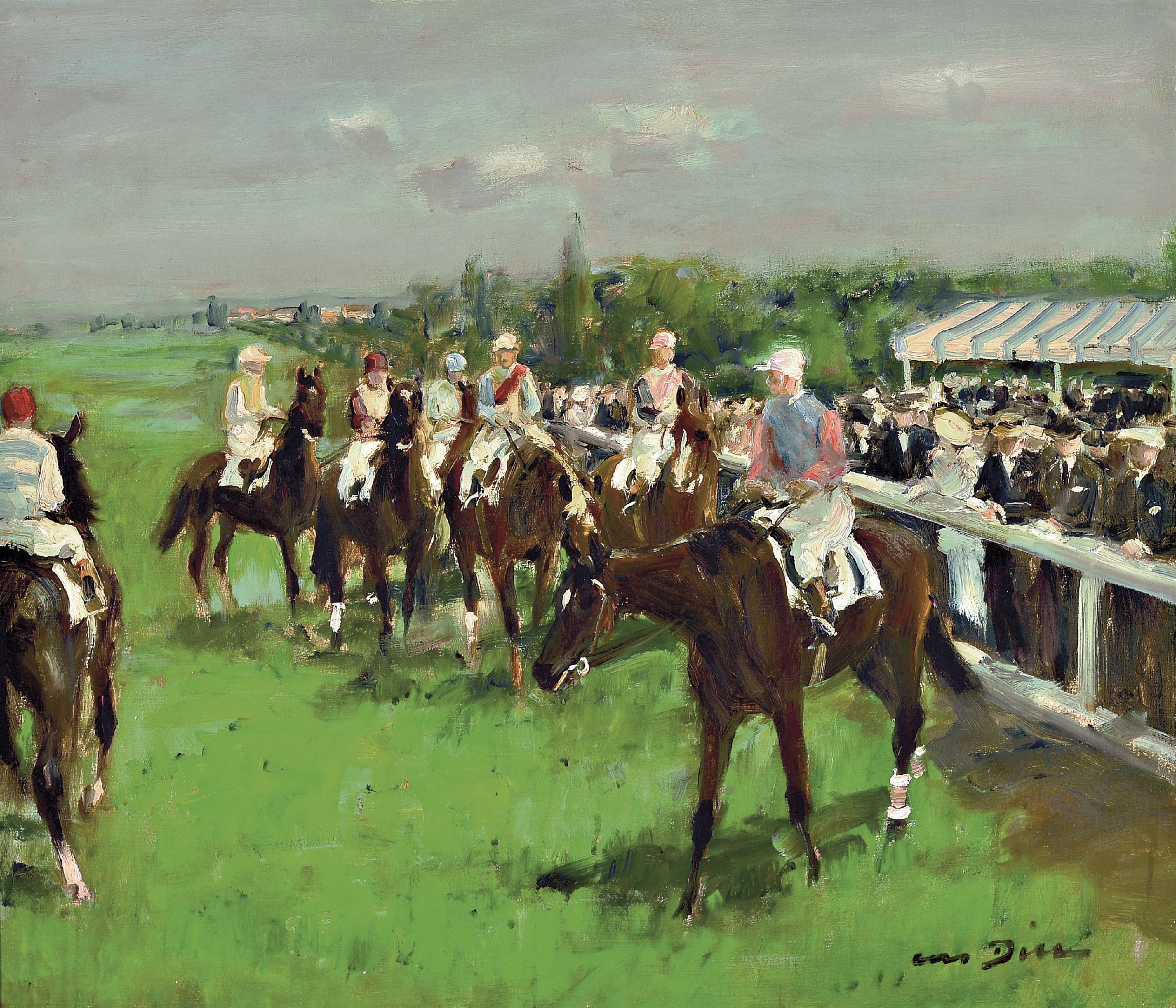 Otto Dill, 1884 Neustadt-1957 Bad Dürkheim, auf der Rennbahn, Gruppe Jockeys vor der Zuschauertribüne, 1930er-Jahre, rechts unten signiert, ...
