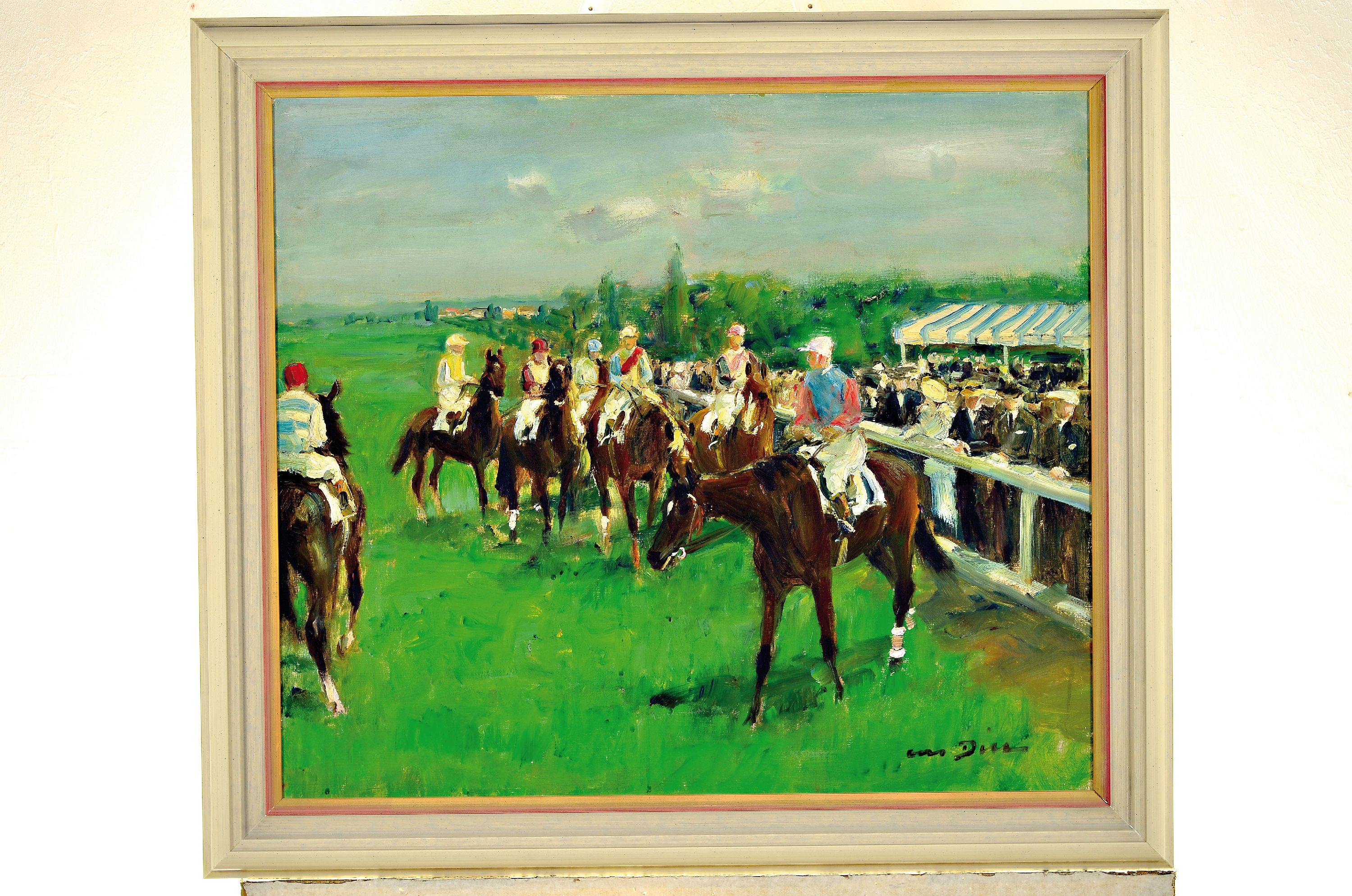 Detail k: Otto Dill, 1884 Neustadt-1957 Bad Dürkheim, auf der Rennbahn, Gruppe Jockeys vor der Zuschauertribüne, 1930er-Jahre, rechts unten signiert, ...