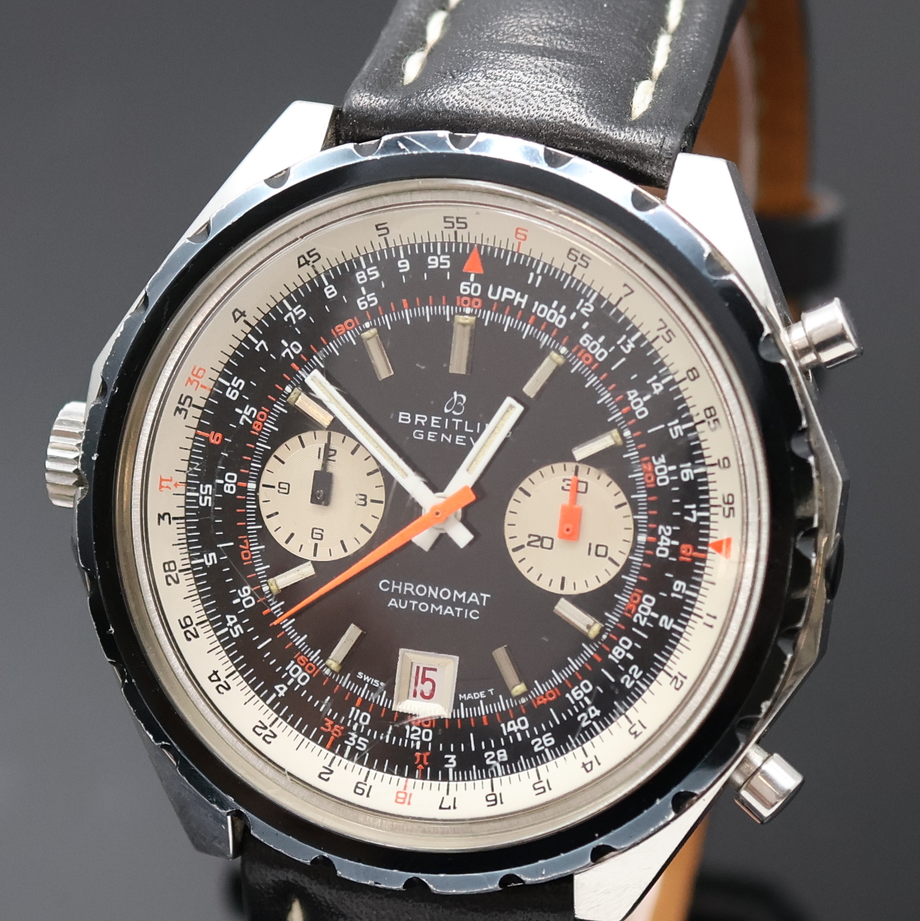 Detail a: BREITLING Armbandchronograph Chronomat Referenz 1808, Schweiz um 1973, Edelstahlgeh. inkl. späterem orig. Lederband m. Dornschl., Boden verschr., ...