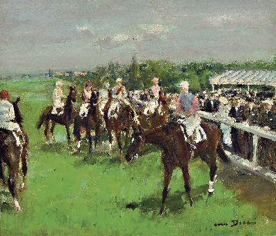 Image Otto Dill, 1884 Neustadt-1957 Bad Dürkheim, auf der Rennbahn, Gruppe Jockeys vor ...