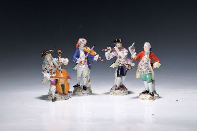 Image 26952981 - 4 Musikanten aus der galanten Kapelle, Meissen, wohl 80er Jahre, alle bunt bemalt, ...