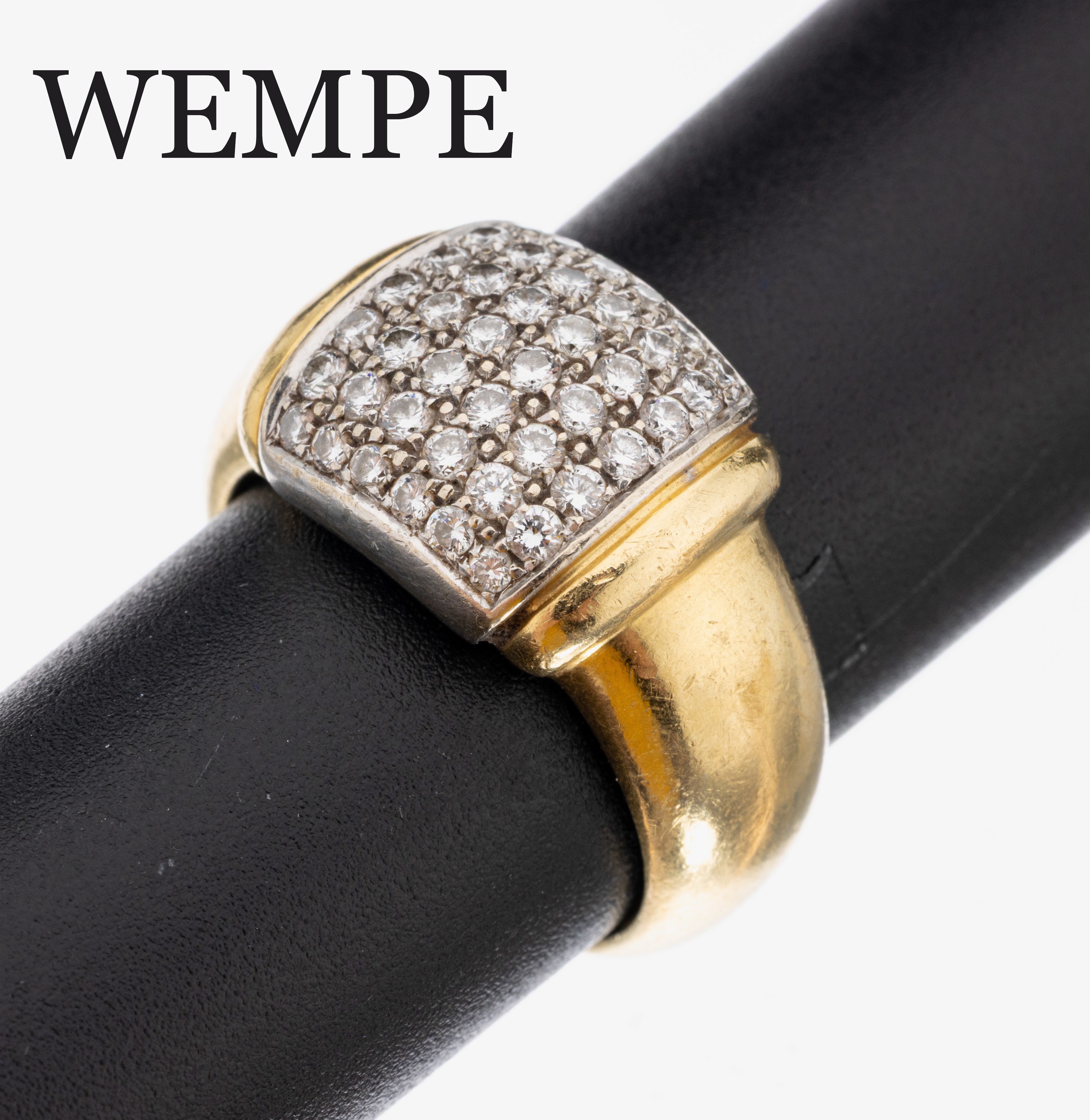 18 kt Gold WEMPE Brillant-Ring, GG/WG 750/000, Ringkopf bes. mit 42 in WG gefassten Brillanten zus. ca. 0.54 ct Weiß/si, RW 54, ca. 11.8 g