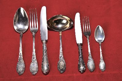 Image Silberbesteck, deutsch, um 1900, 800er Silber, 12 Menuegabeln, 12 Menuemesser, 12 gr. ...