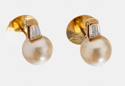 Image Paar 18 kt Gold Perl-Diamant-Ohrstecker, GG750/000, 2 Akoyazuchtperlen, D. ca. 9 mm, ...
