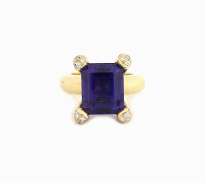26953076a - 18 kt Gold ZAPPE Tansanit-Brillant-Ring, GG750/000, hoher Ringkopf bes. mit einem ...