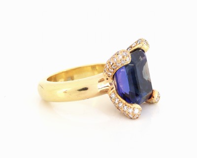 26953076b - 18 kt Gold ZAPPE Tansanit-Brillant-Ring, GG750/000, hoher Ringkopf bes. mit einem ...