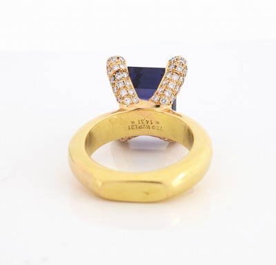 26953076c - 18 kt Gold ZAPPE Tansanit-Brillant-Ring, GG750/000, hoher Ringkopf bes. mit einem ...