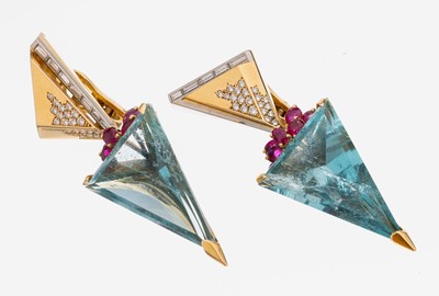 Image 26953093 - Paar 18 kt Gold Aquamarin-Rubin-Diamant- Ohrstecker, GG 750/000, 2 facett. ...