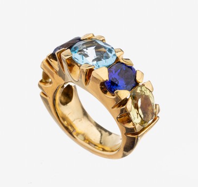 Image 26953097 - Massiver 18 kt Gold Farbstein-Ring, GG 750/000, 2 ovalfacett. Berylle zus. ca. 3.80 ct, ...