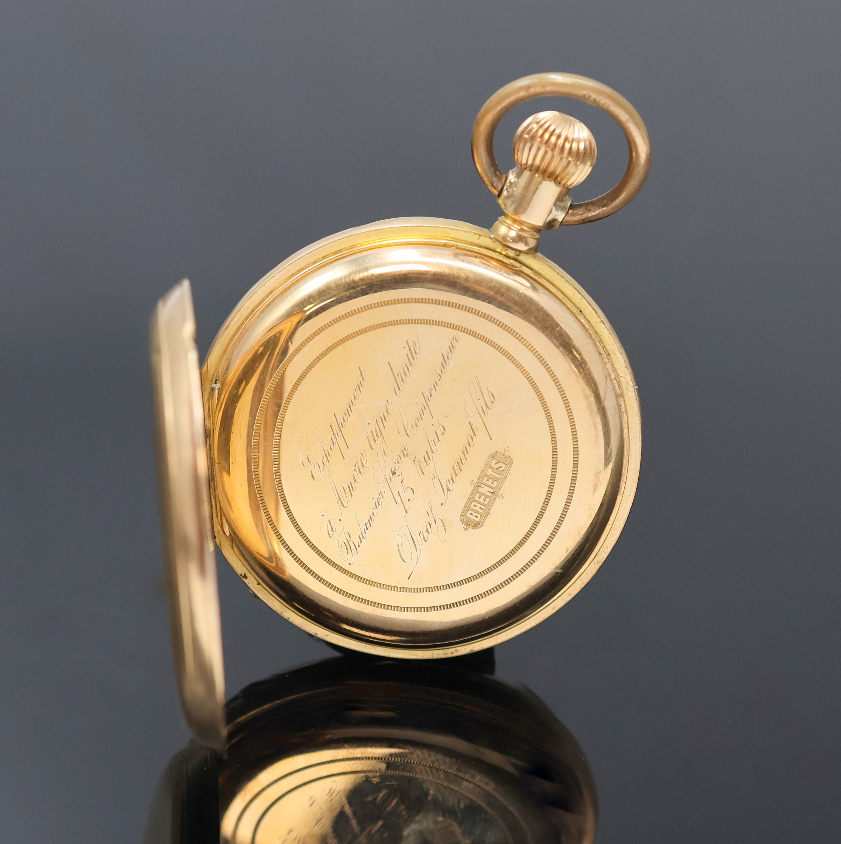 Detail d: DROZ JEANNOT FILS BRENETS Savonette Herrentaschenuhr in RG 750/000, Schweiz um 1900, guill. 3-Deckel Goldgeh. dell., Sprungdeckel m. freiem ...