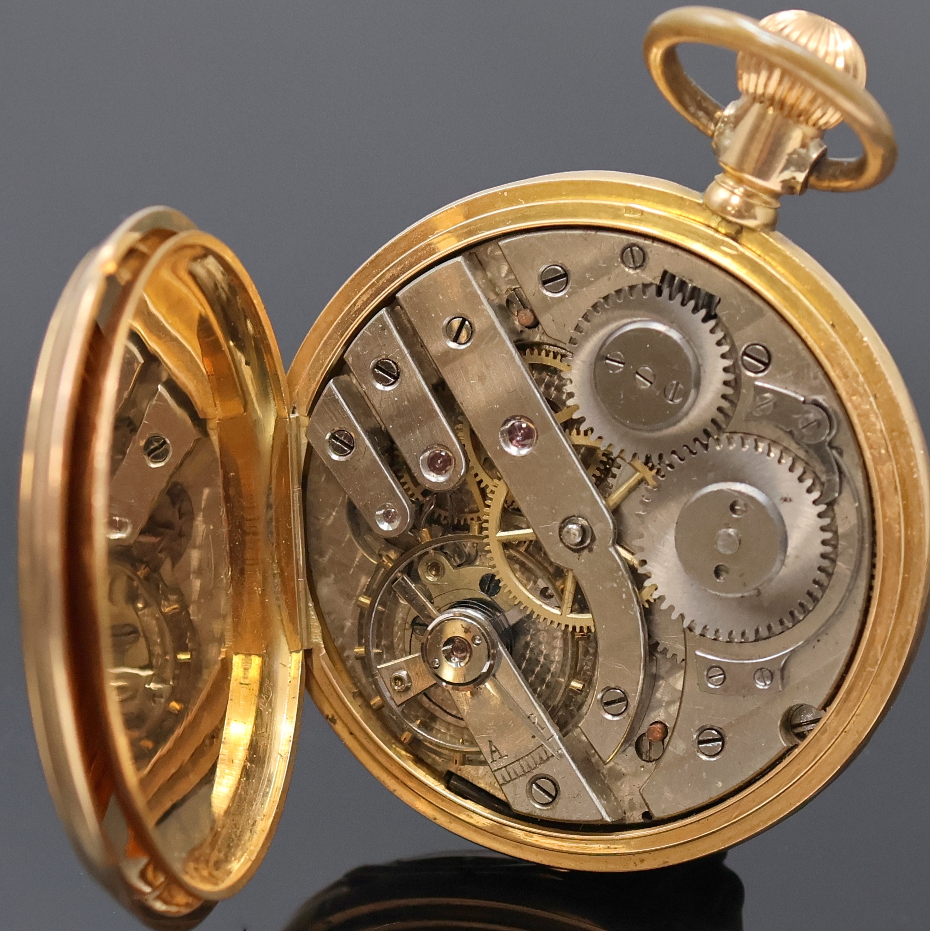 Detail f: DROZ JEANNOT FILS BRENETS Savonette Herrentaschenuhr in RG 750/000, Schweiz um 1900, guill. 3-Deckel Goldgeh. dell., Sprungdeckel m. freiem ...