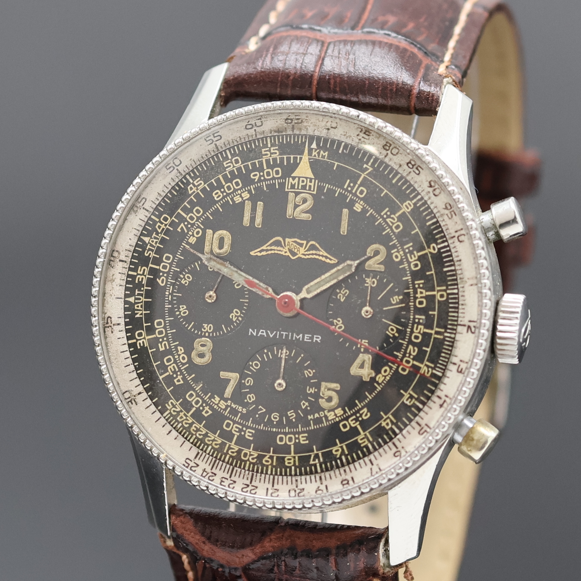 Detail a: BREITLING früher Navitimer AOPA Schaltradchronograph mit Kaliber Valjoux 72, Schweiz um 1954, Handaufzug, 3-tlg. Geh. ohneRef.-Nr., Boden aufgedr., ...