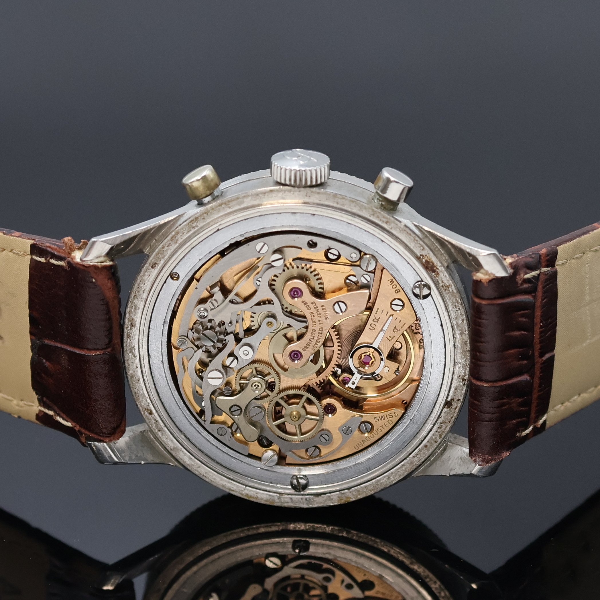 Detail d: BREITLING früher Navitimer AOPA Schaltradchronograph mit Kaliber Valjoux 72, Schweiz um 1954, Handaufzug, 3-tlg. Geh. ohneRef.-Nr., Boden aufgedr., ...