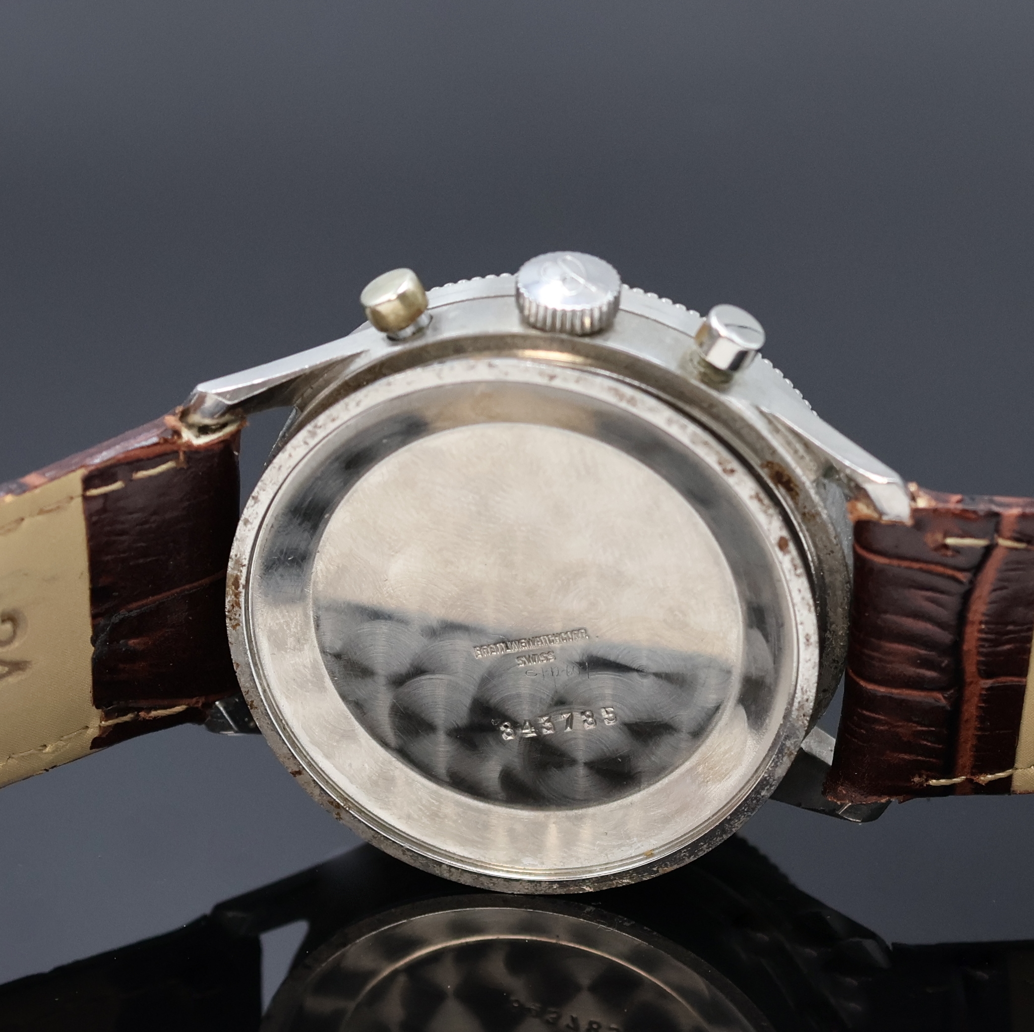 Detail e: BREITLING früher Navitimer AOPA Schaltradchronograph mit Kaliber Valjoux 72, Schweiz um 1954, Handaufzug, 3-tlg. Geh. ohneRef.-Nr., Boden aufgedr., ...