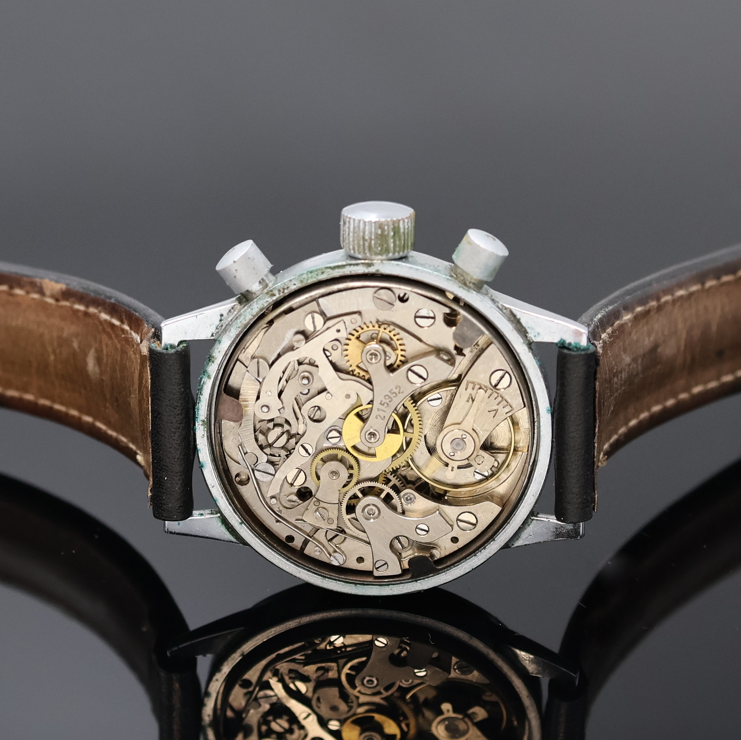 Detail d: TUTIMA Fliegerchronograph mit Kaliber UROFA 59, Deutschland um 1945, Handaufzug, verchr. Geh. orig. ohne Drehlünette, orig. Drücker u. Krone, ...