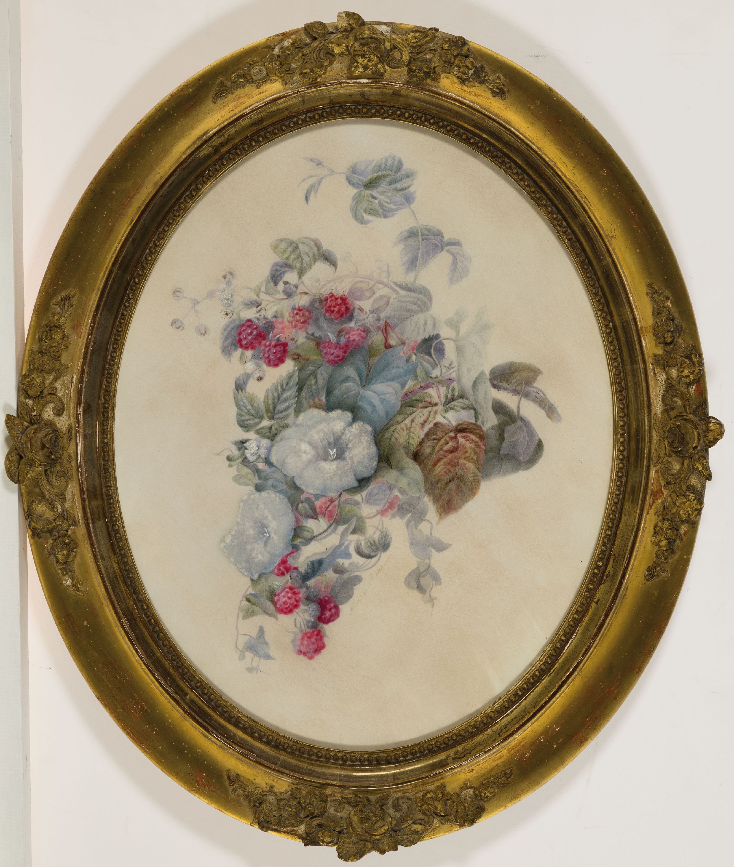 Detail k: Alice Lechene, geb. in Dijon, stellte zwischen 1855 und 1868 im Salon des Artistes aus, hier: feines Stillleben von Himbeeren und Blumen, Aquarell ...