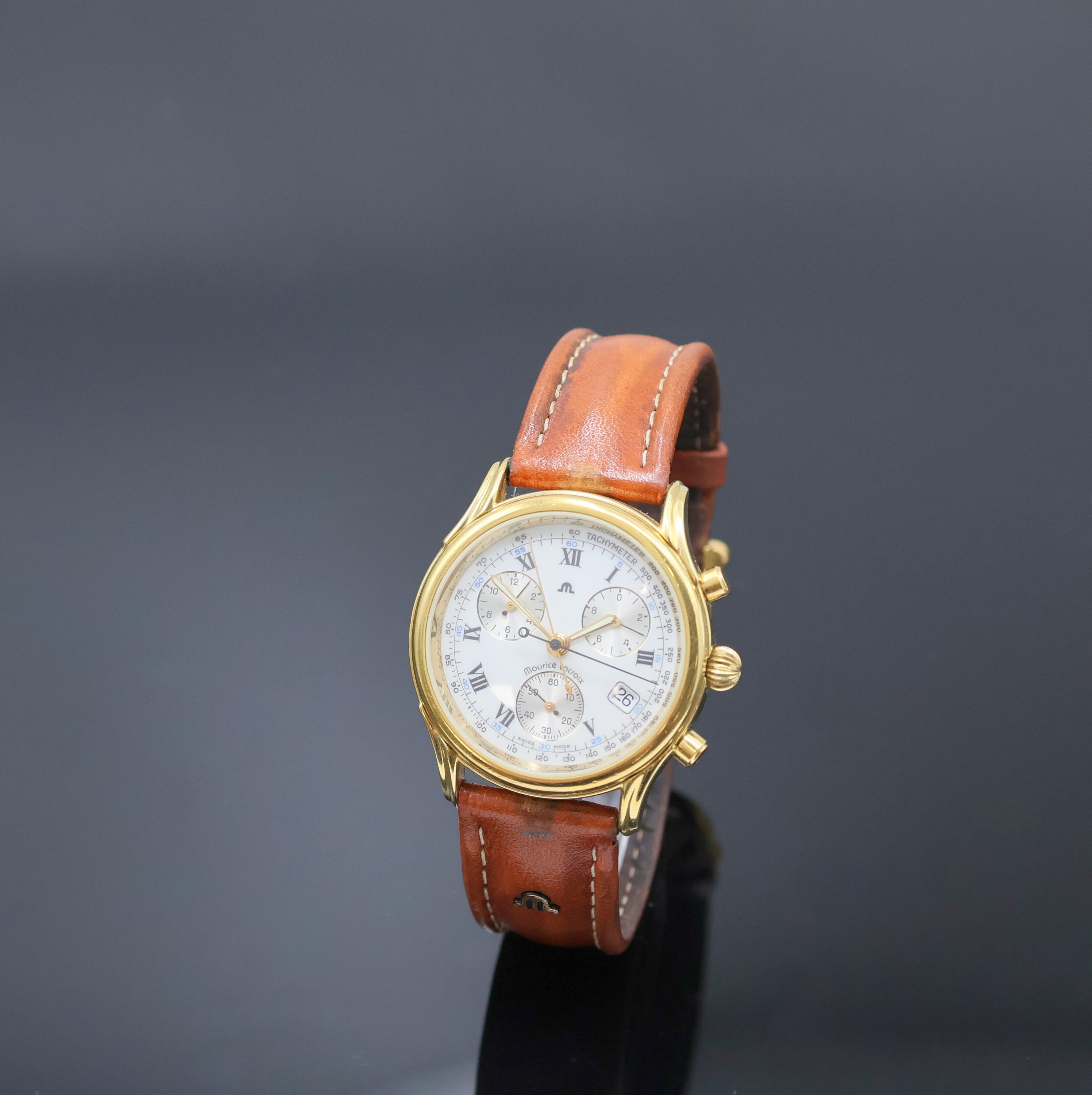 MAURICE LACROIX Les Classique vergoldeter Armbandchronograph Referenz 04663, Schweiz um 2000, quarz, Boden verschr., orig. Lederband m. Dornschl., ...