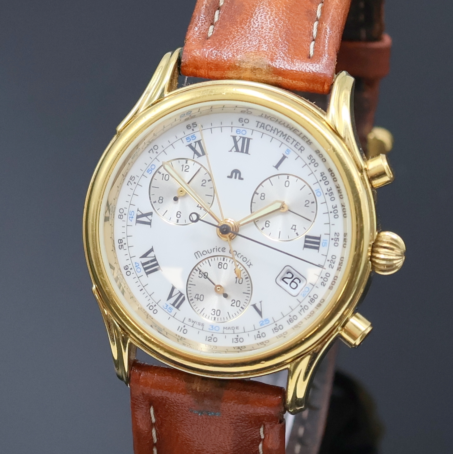 Detail a: MAURICE LACROIX Les Classique vergoldeter Armbandchronograph Referenz 04663, Schweiz um 2000, quarz, Boden verschr., orig. Lederband m. Dornschl., ...