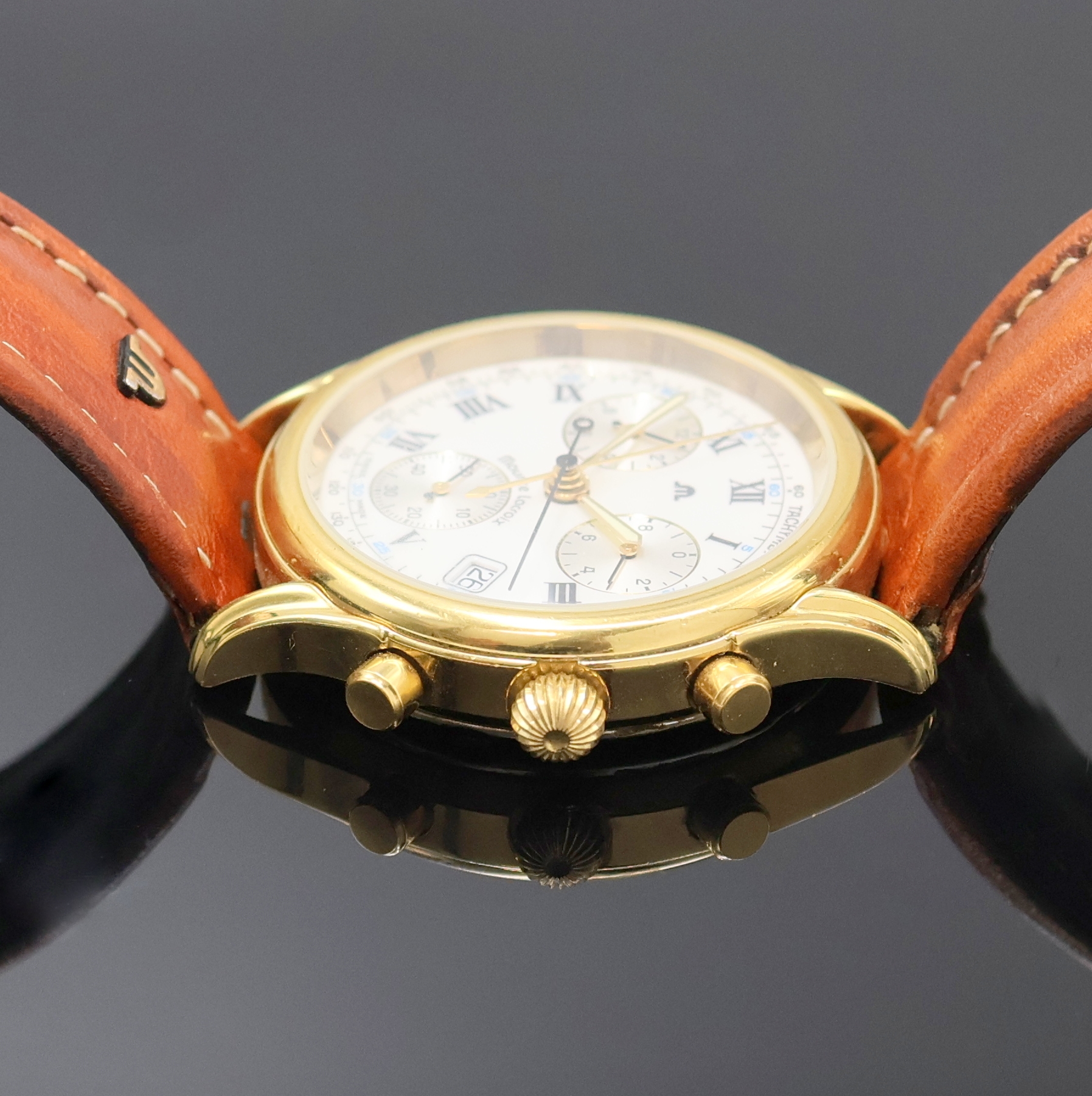 Detail c: MAURICE LACROIX Les Classique vergoldeter Armbandchronograph Referenz 04663, Schweiz um 2000, quarz, Boden verschr., orig. Lederband m. Dornschl., ...