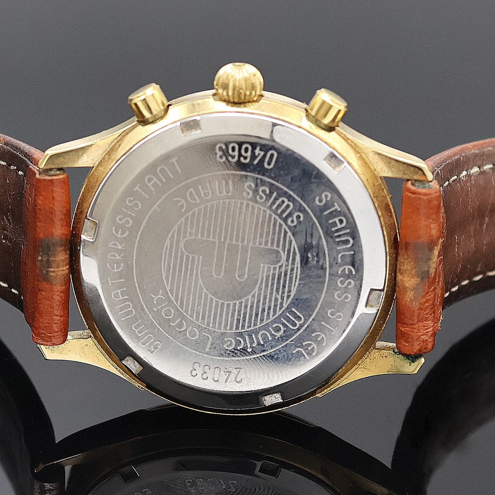 Detail d: MAURICE LACROIX Les Classique vergoldeter Armbandchronograph Referenz 04663, Schweiz um 2000, quarz, Boden verschr., orig. Lederband m. Dornschl., ...