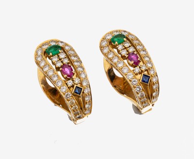 Image Paar 18 kt Gold Farbstein-Diamant-Ohrstecker, GG 750/000, 2 ovalfacett. Smaragde, 2 ...